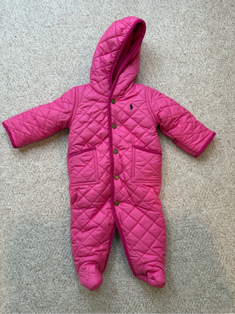 Ralph Lauren Pink Quilted Hooded Footed One-Piece Snowsuit for Baby 6M